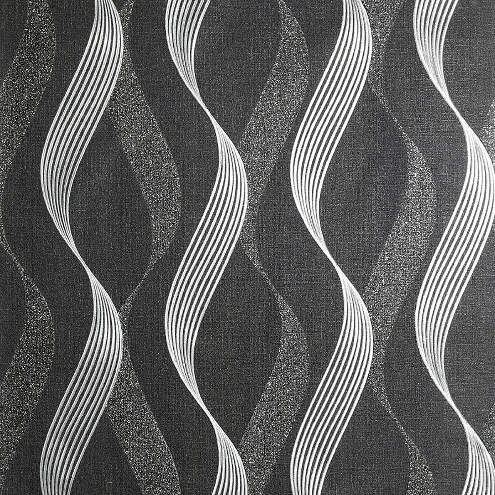 Luxe Ribbon Wallpaper Wave Charcoal White Mocha Glitter Embossed Textured Vinyl