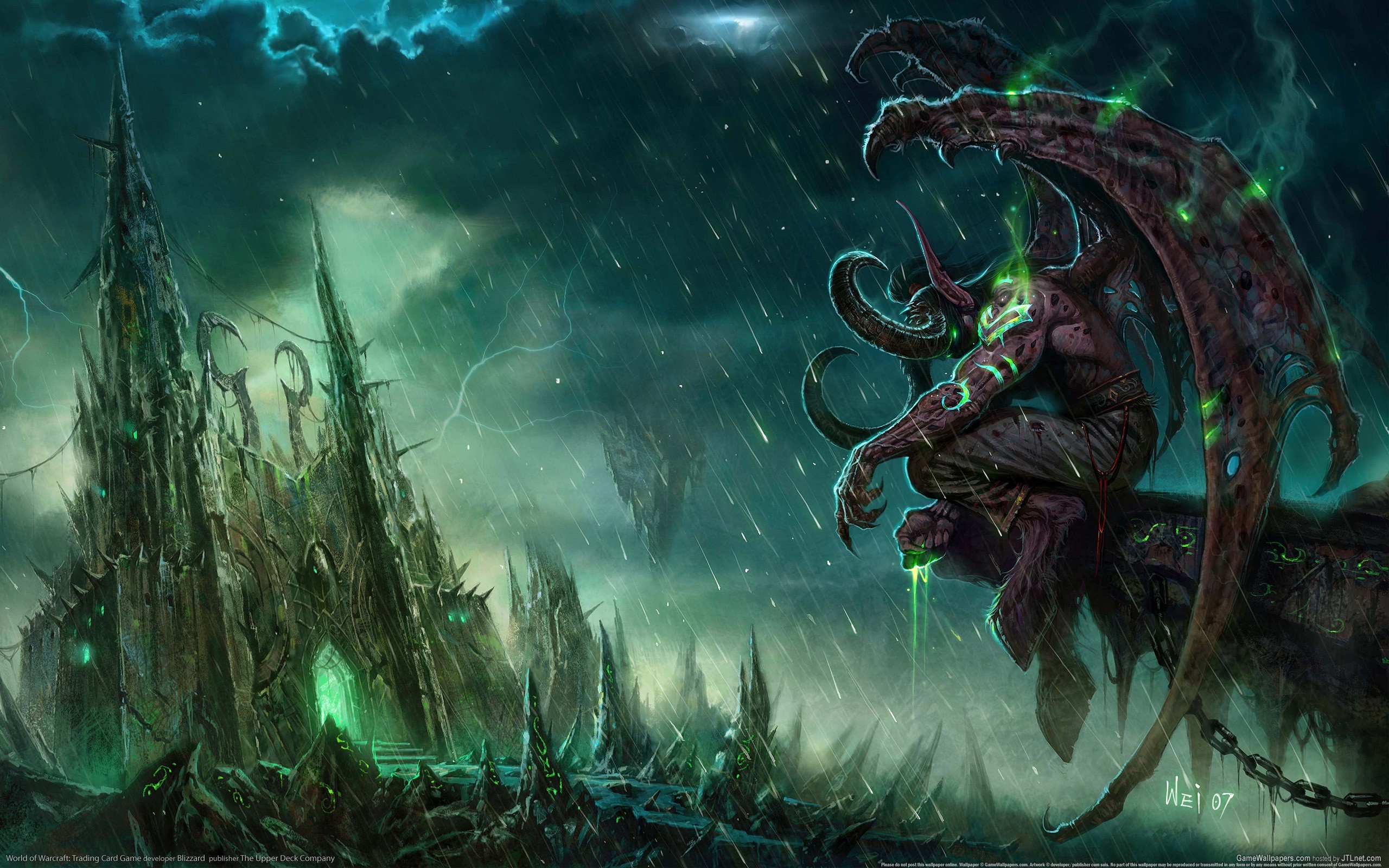 horror, video games, castle, storm, Black Temple, pixelated, demon, World of Warcraft, digital art, artwork, Illidan, sitting, Illidan Stormrage, fan art, chains, creature, Devil, blood, fantasy art, rain