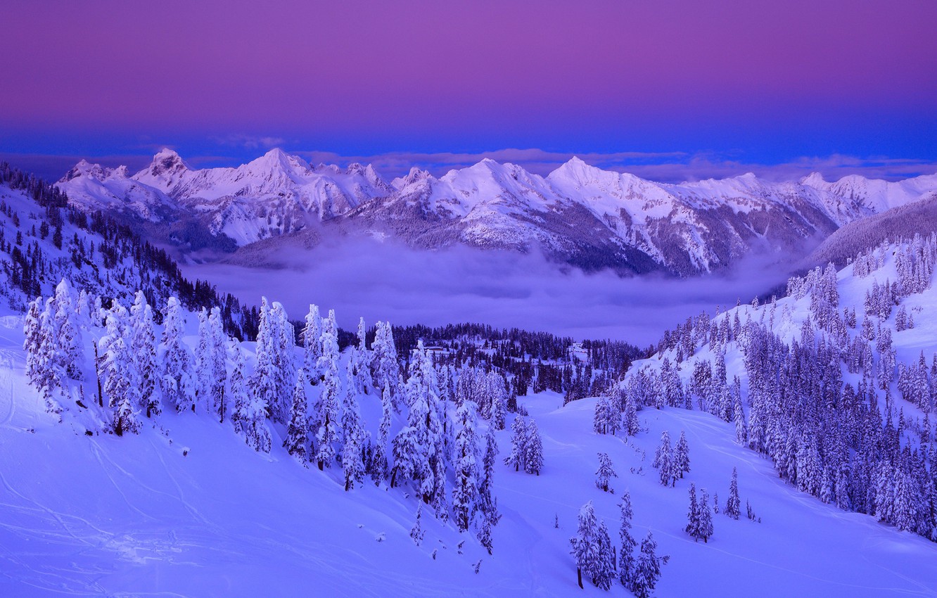 Wallpaper Clouds, Sky, Purple, Winter, Mountain, Snow, Landscape image for desktop, section пейзажи