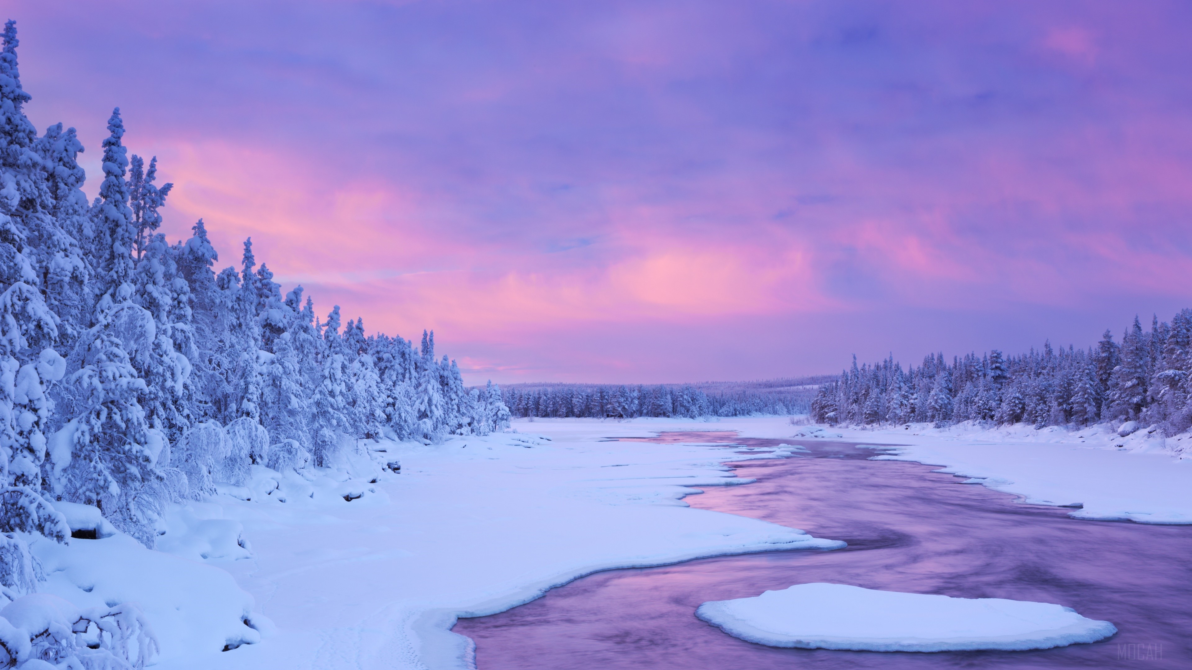 Forest, Lake, Sky, Snow, Sunset, Winter 4k Gallery HD Wallpaper