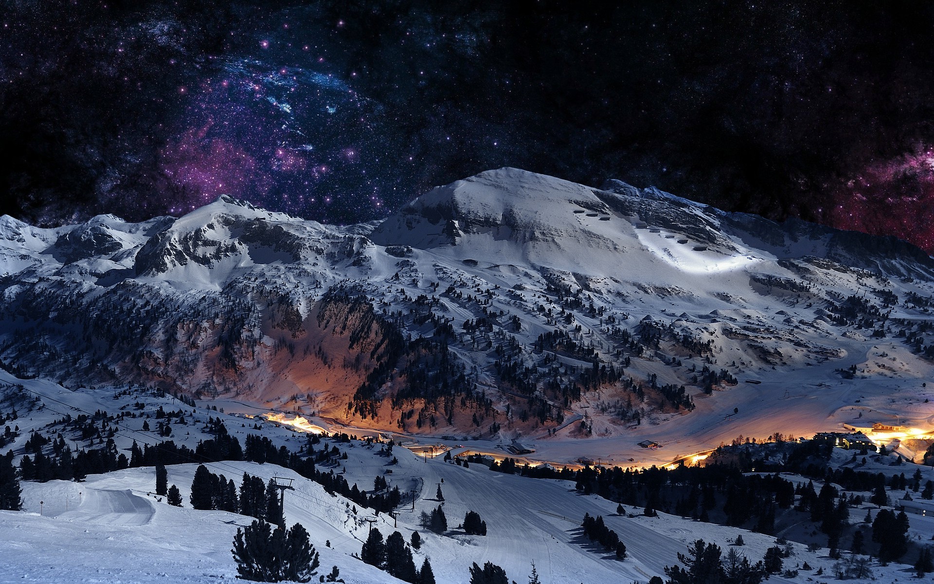 Wallpaper, landscape, night, nature, sky, snow, winter, purple, stars, blue, evening, atmosphere, valley, mount scenery, Freezing, summit, midnight, tree, Massif, darkness, 1920x1200 px, computer wallpaper, outer space, geological phenomenon, mountain