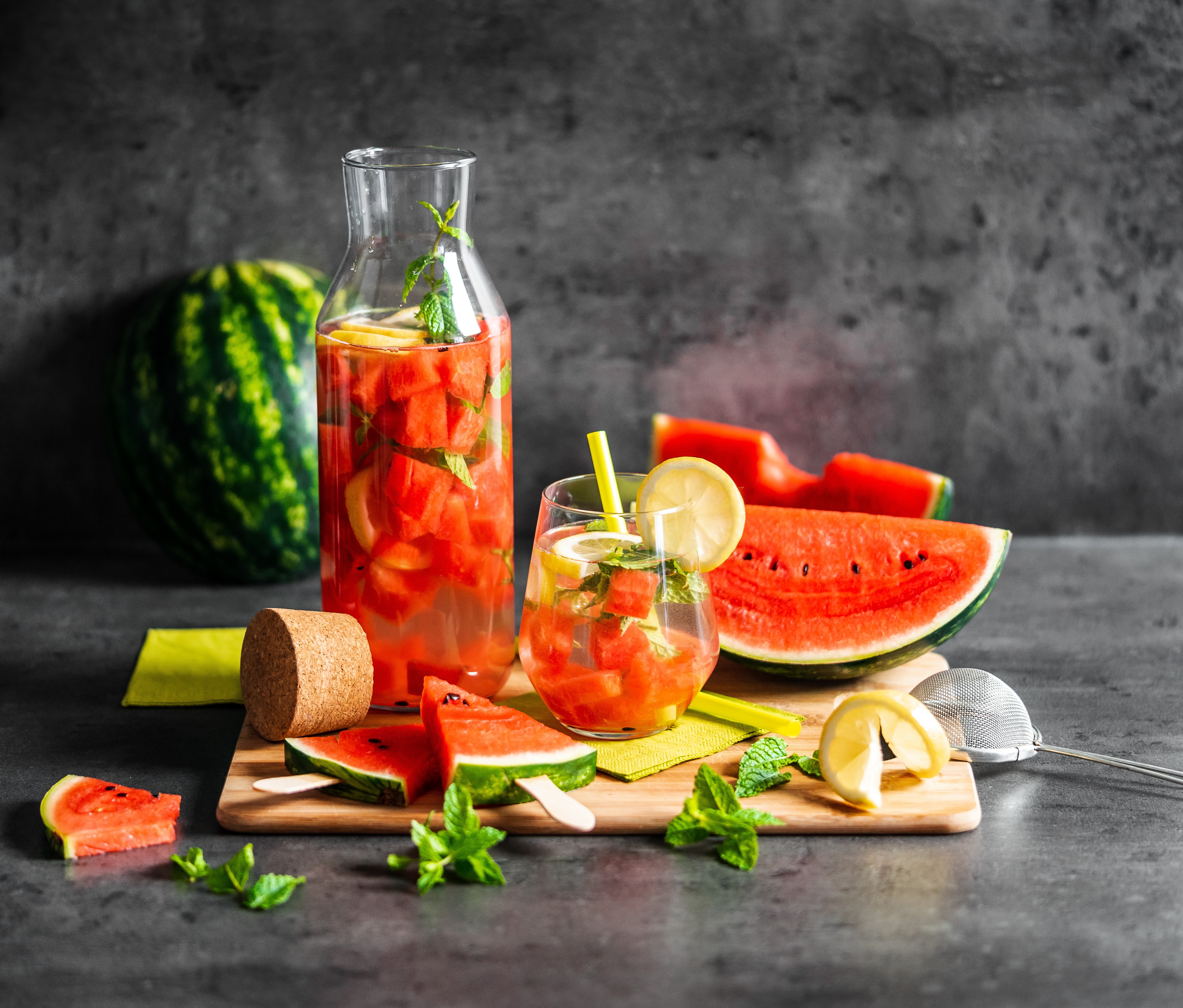 4K, Berry, Watermelons, Juice, Jar, Highball glass, Sliced food Gallery HD Wallpaper