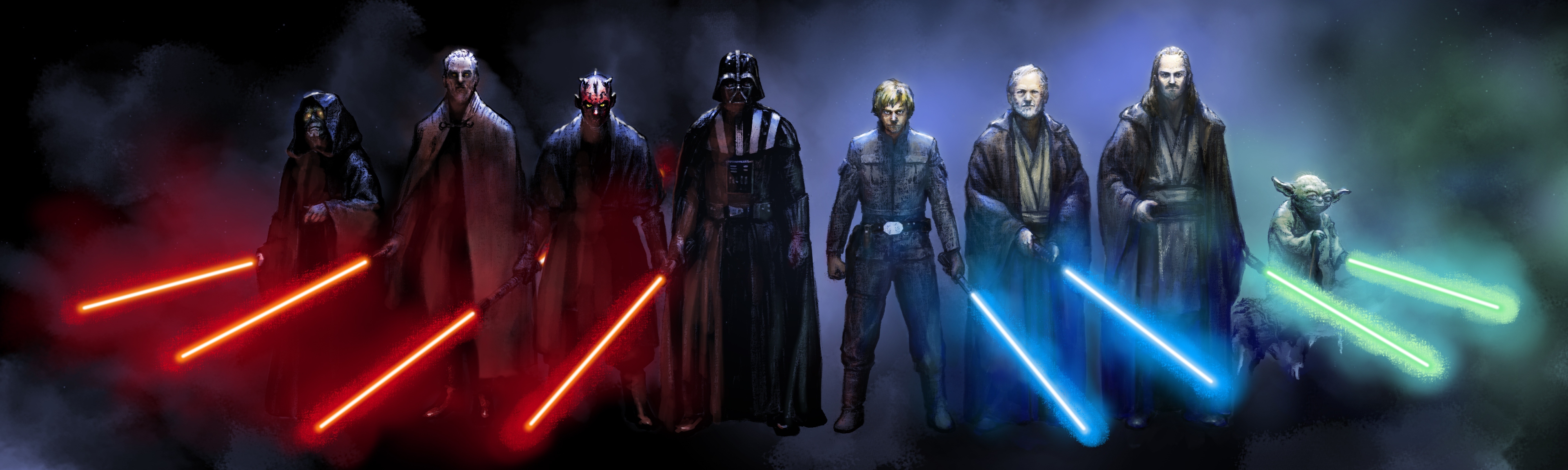 Wallpaper, 4000x1200 px, entertainment, fi, fiction, games, Jedi, lightsabers, movies, sci, science, star, video, wars, weapons 4000x1200