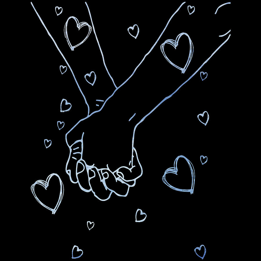 One line drawing holding hands minimalist blue design on black background hands holding minimal line Drawing