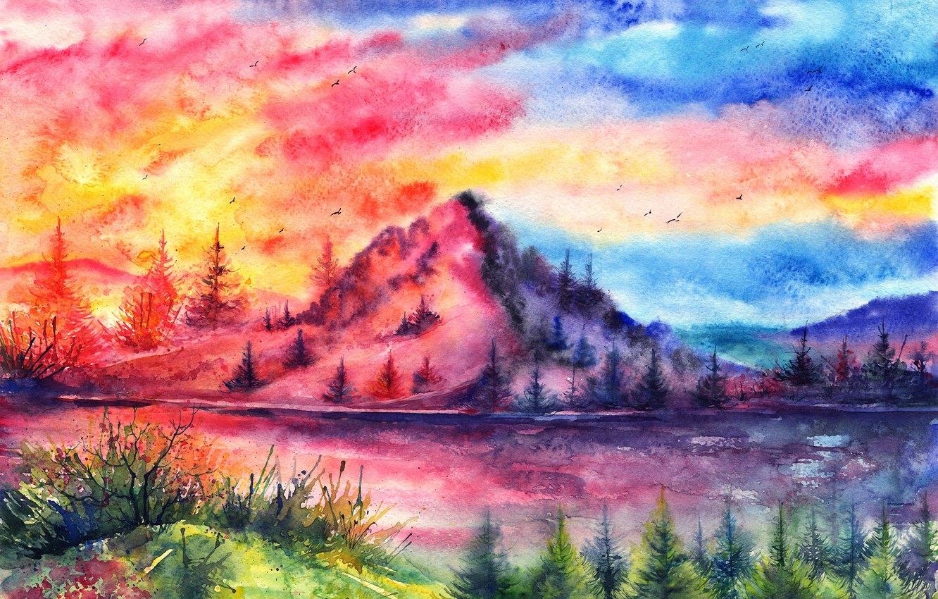 Wallpaper sunset, birds, river, mountain, watercolor, tree, painted landscape image for desktop, section живопись