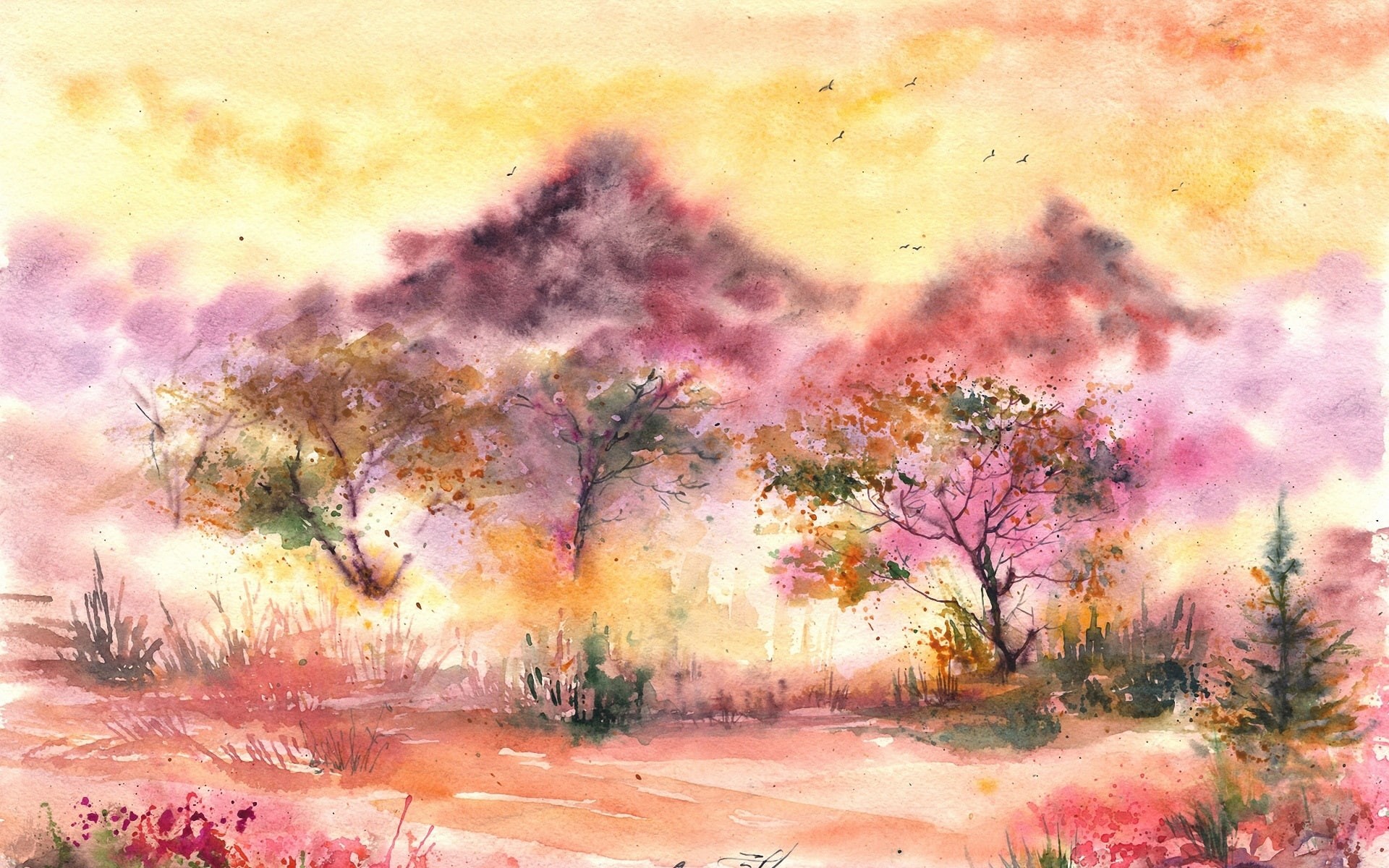 Wallpaper / Grass, Landscape, Leaves, Birds, 1080P, Watercolor, Painting, Trees free download