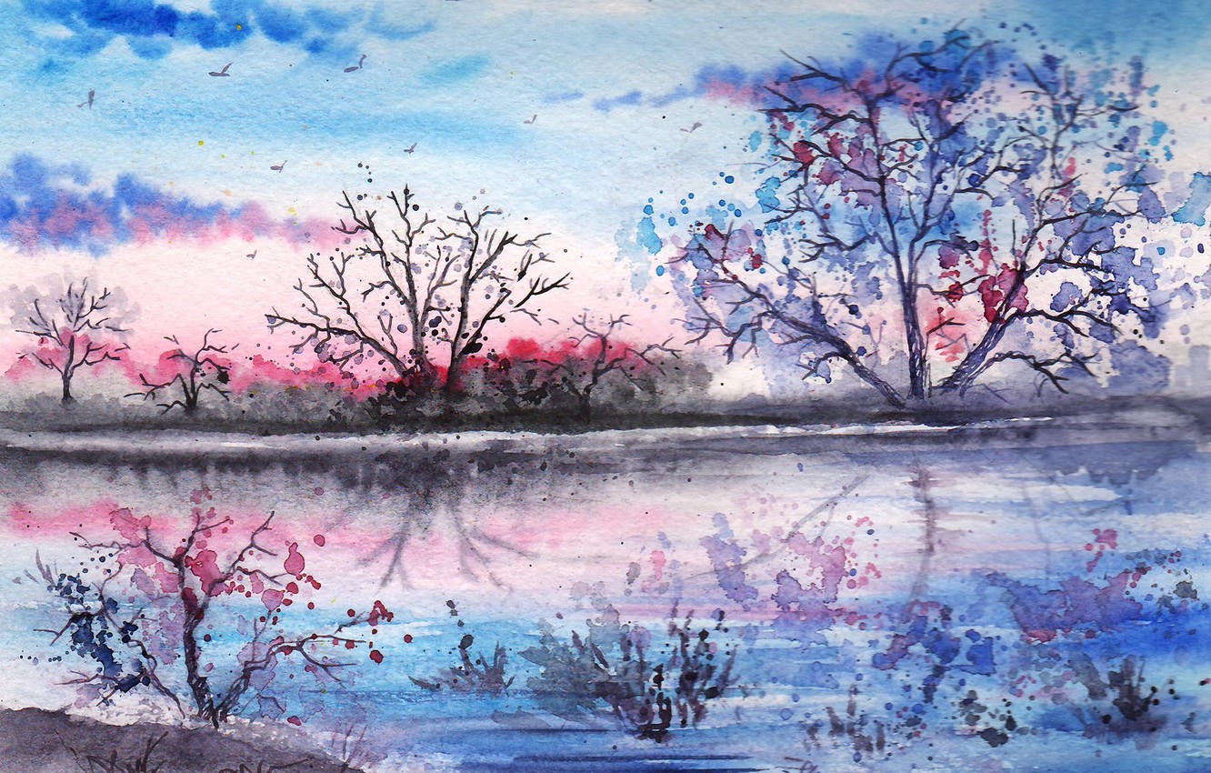 Wallpaper trees, birds, lake, reflection, the evening, watercolor, painted landscape image for desktop, section живопись
