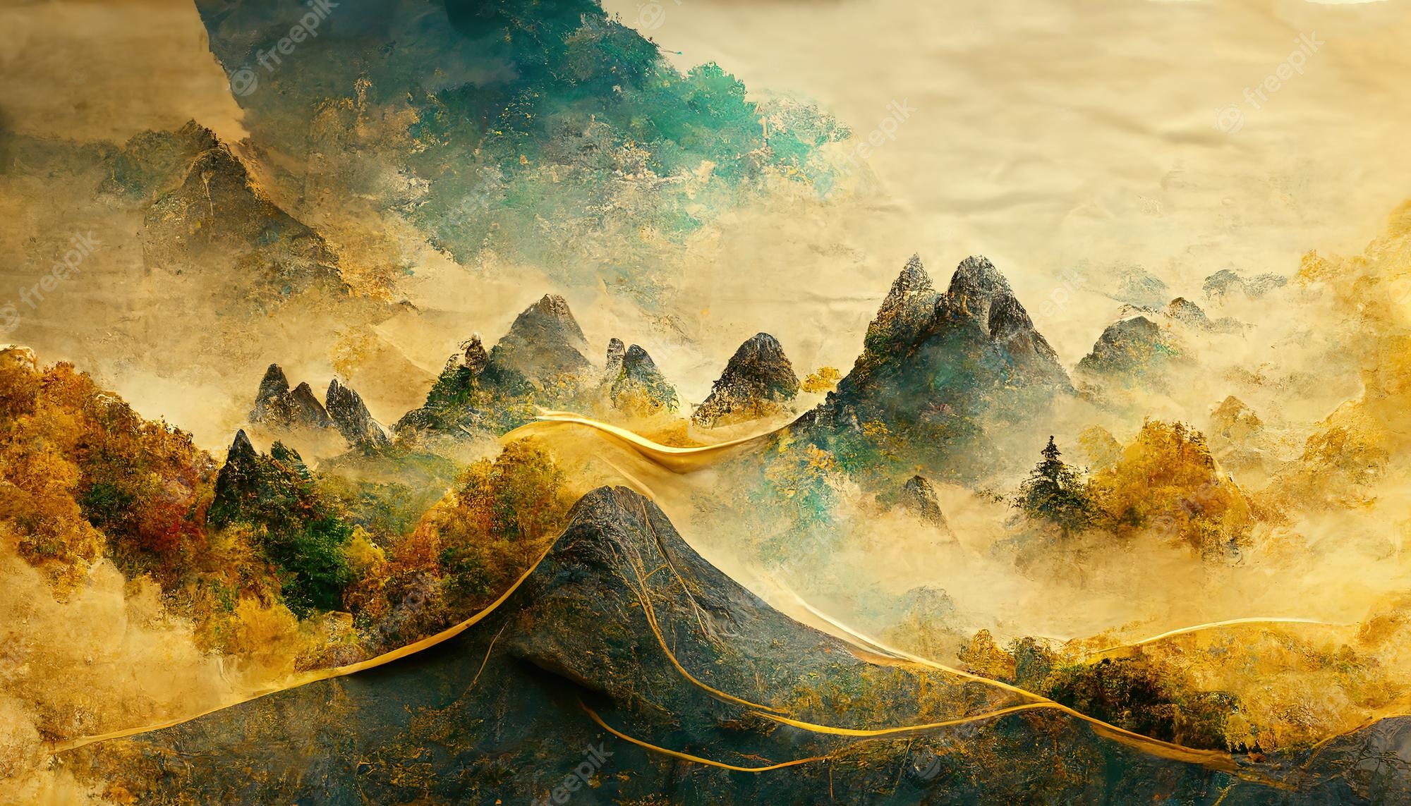 Premium Photo. Minimalistic mountain landscape with watercolor brush in japanese traditional style wallpaper with abstract art for prints or covers 3D artwork