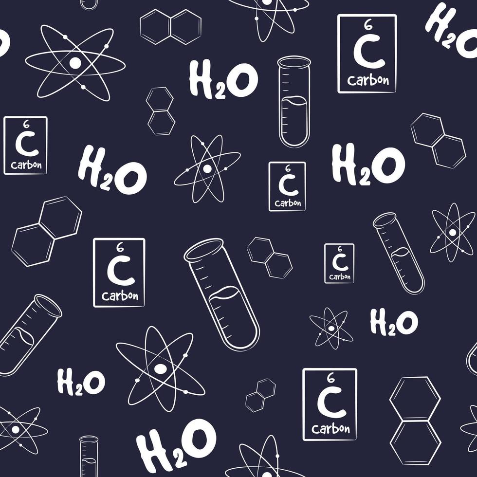 Seamless pattern with chemistry elements and sketches. Repetitive background with test tubes, formulas, elements and atoms. Science and research wallpaper