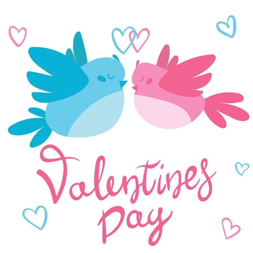 Happy Valentines Day. Two bird couple. Romantic card with birds in love. Pink, blue heart. Love Greeting card. Sticker print. Cute cartoon character. Vector illustration
