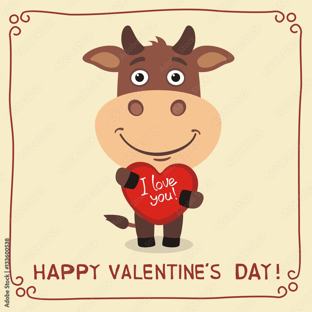 Happy Valentine's Day! I Love You! Funny bull with heart in hands. Happy valentines with bull day card in cartoon style. Stock Vector