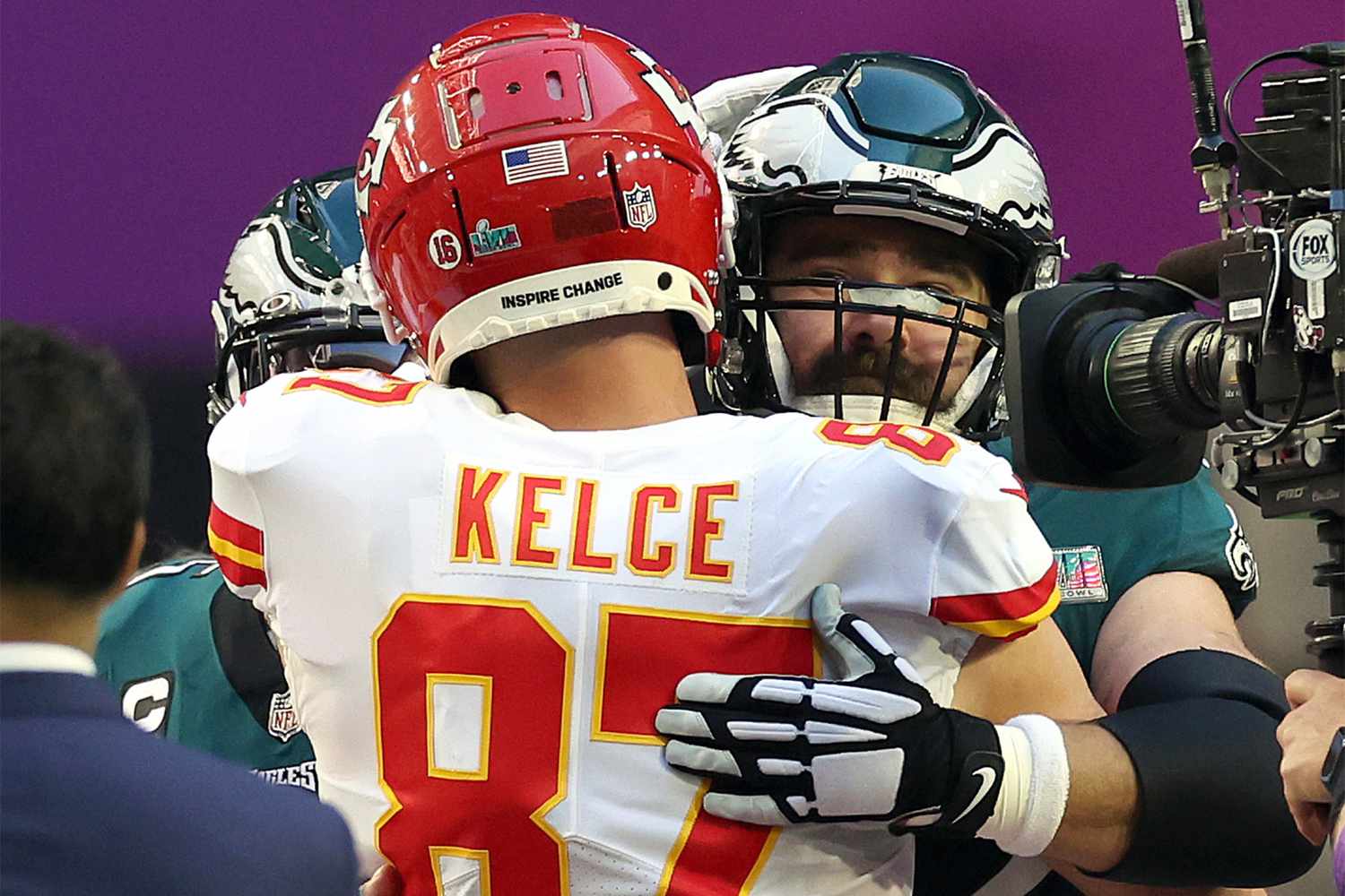 Travis and Jason Kelce Share Hug on the Super Bowl Field