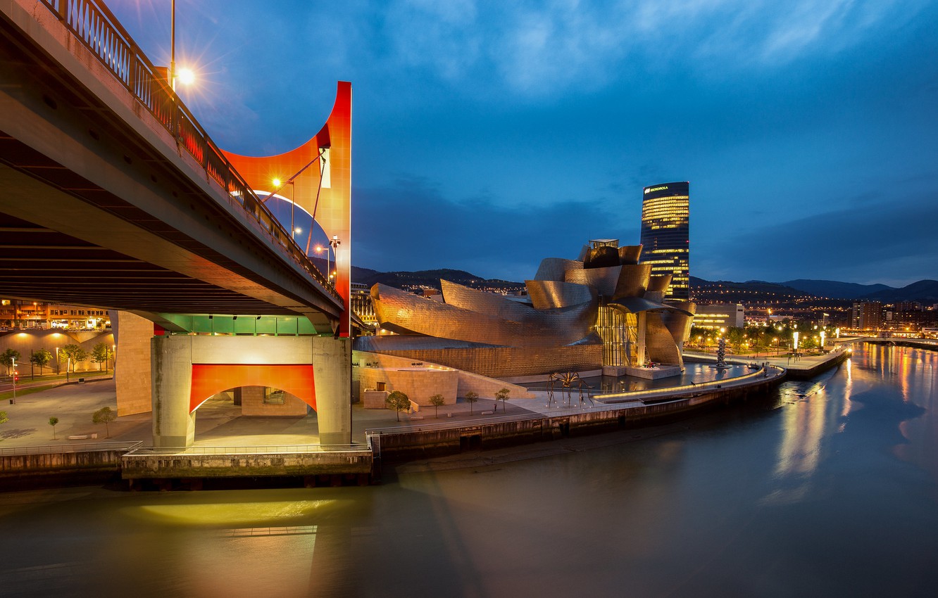Wallpaper lights, the evening, Spain, Bilbao, The Guggenheim Museum image for desktop, section город