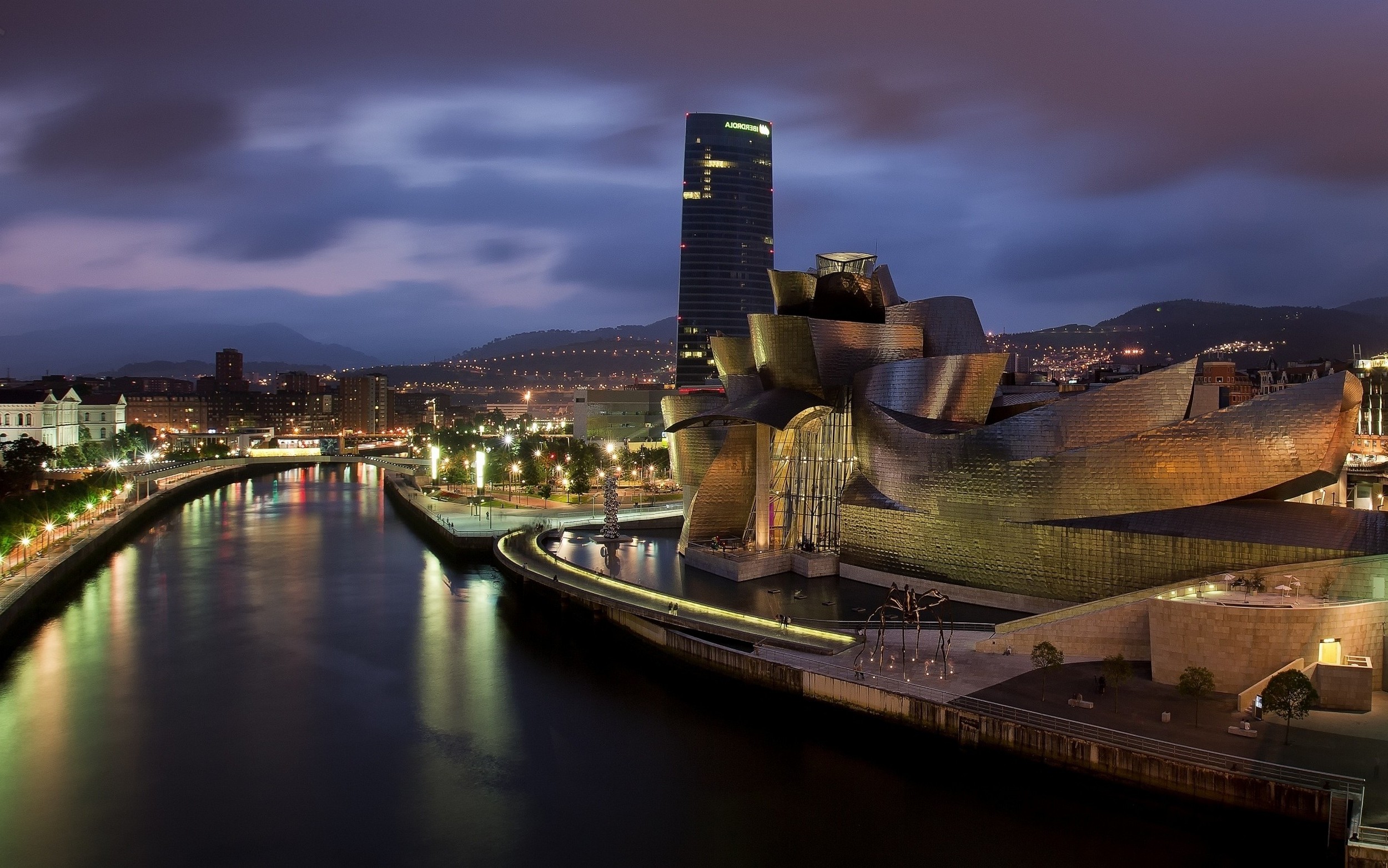 nature, Landscape, Bilbao, Spain, Museum, Skyscraper, Architecture, River, Hill, Lights, Night, Guggenheim, Frank Gehry Wallpaper HD / Desktop and Mobile Background