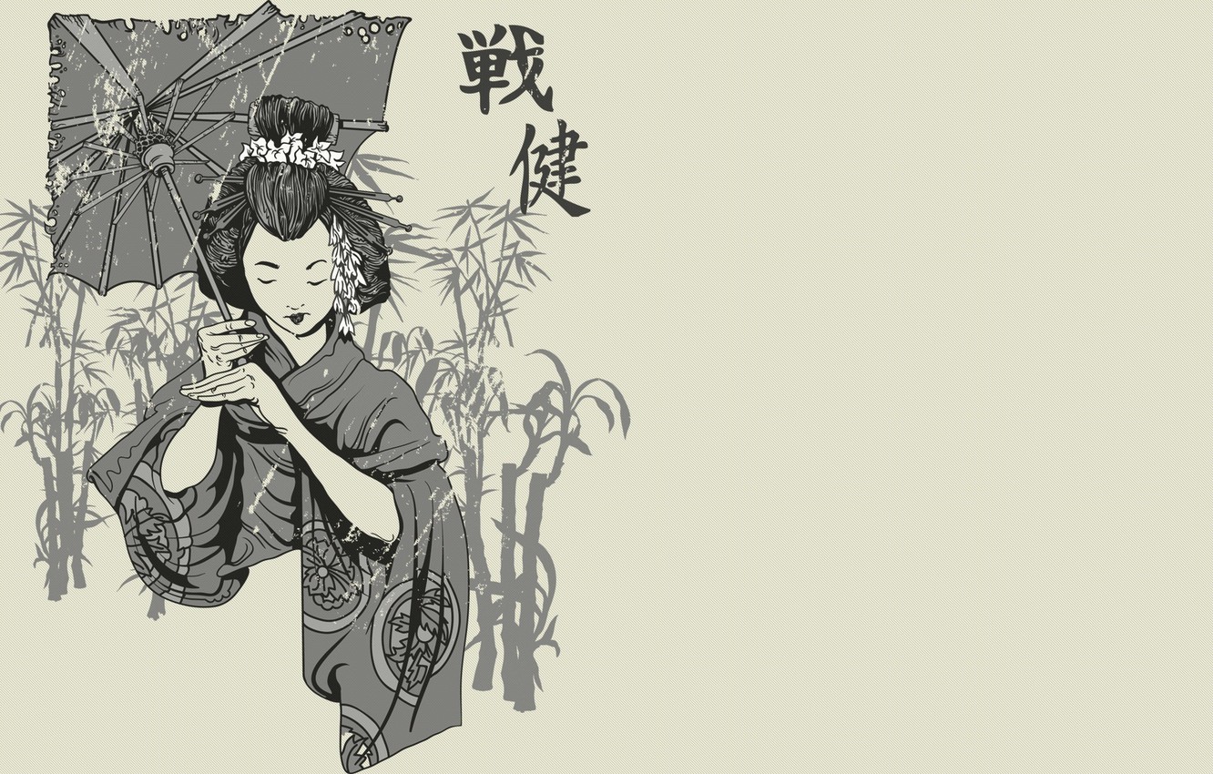 Wallpaper Japanese, figure, umbrella, characters, black and white image for desktop, section стиль