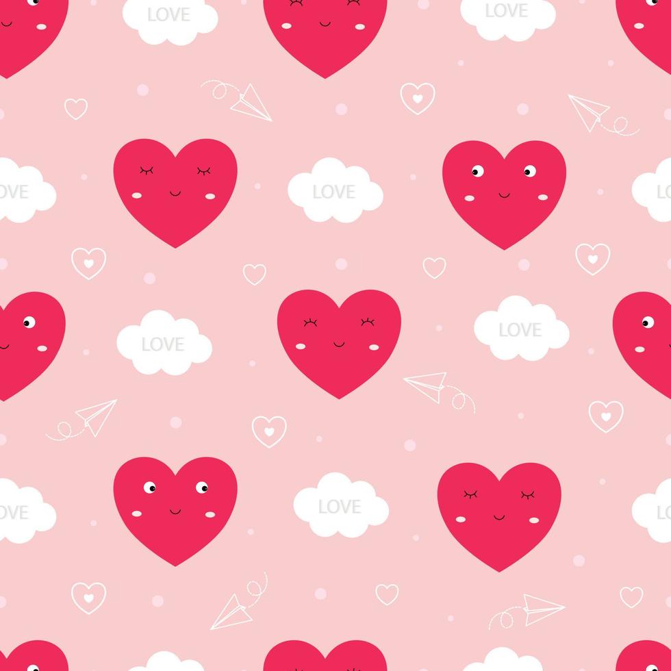 Seamless pattern Valentine's day background with hearts and clouds Cute design, cartoon style, use for printing, wallpaper, decoration, textile fabric. Vector illustration