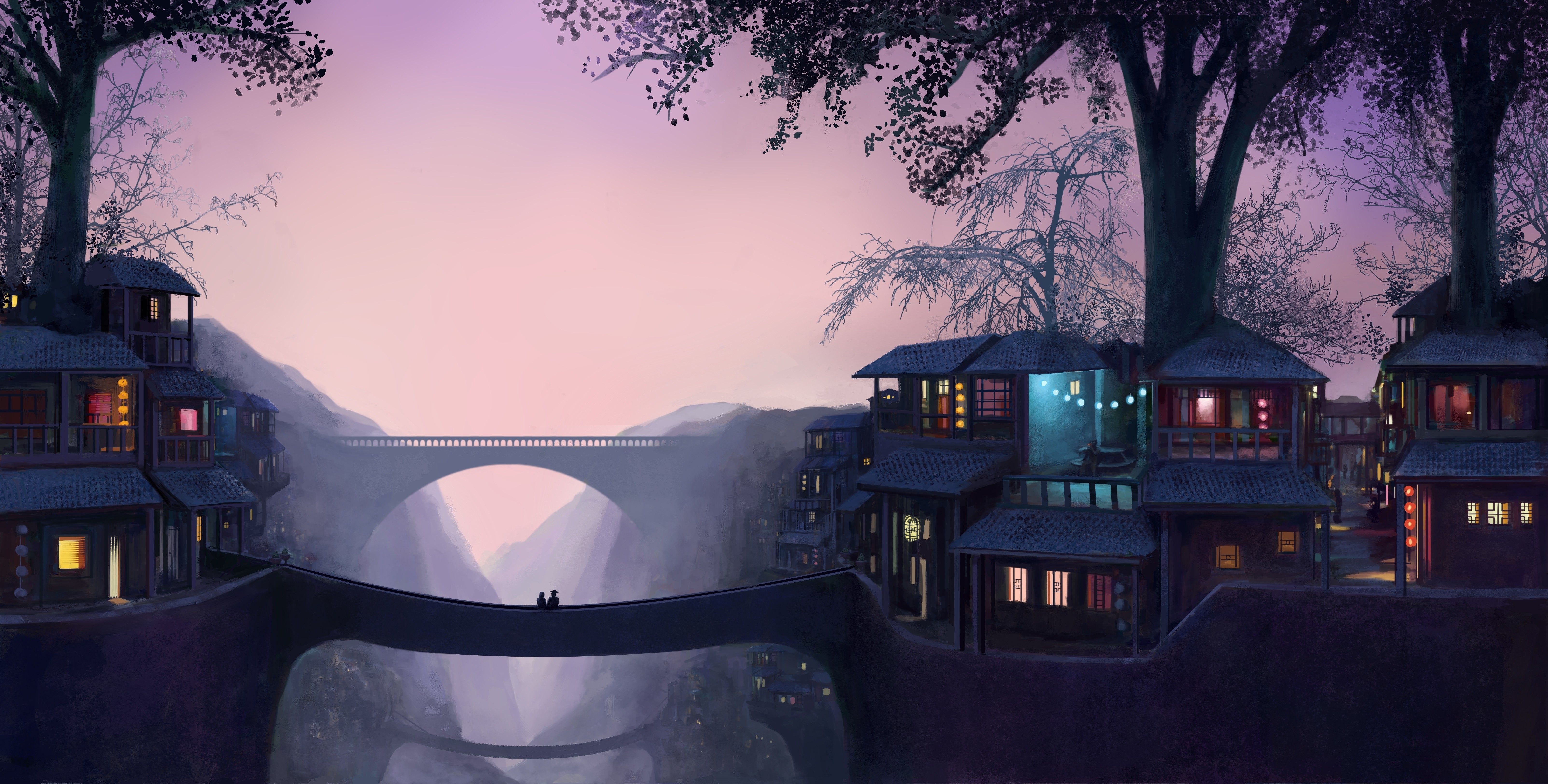 fantasy Art, Drawing, Architecture, Bridge, House, Trees, Couple, Lights, Artwork, Digital Art, Evening Wallpaper HD / Desktop and Mobile Background