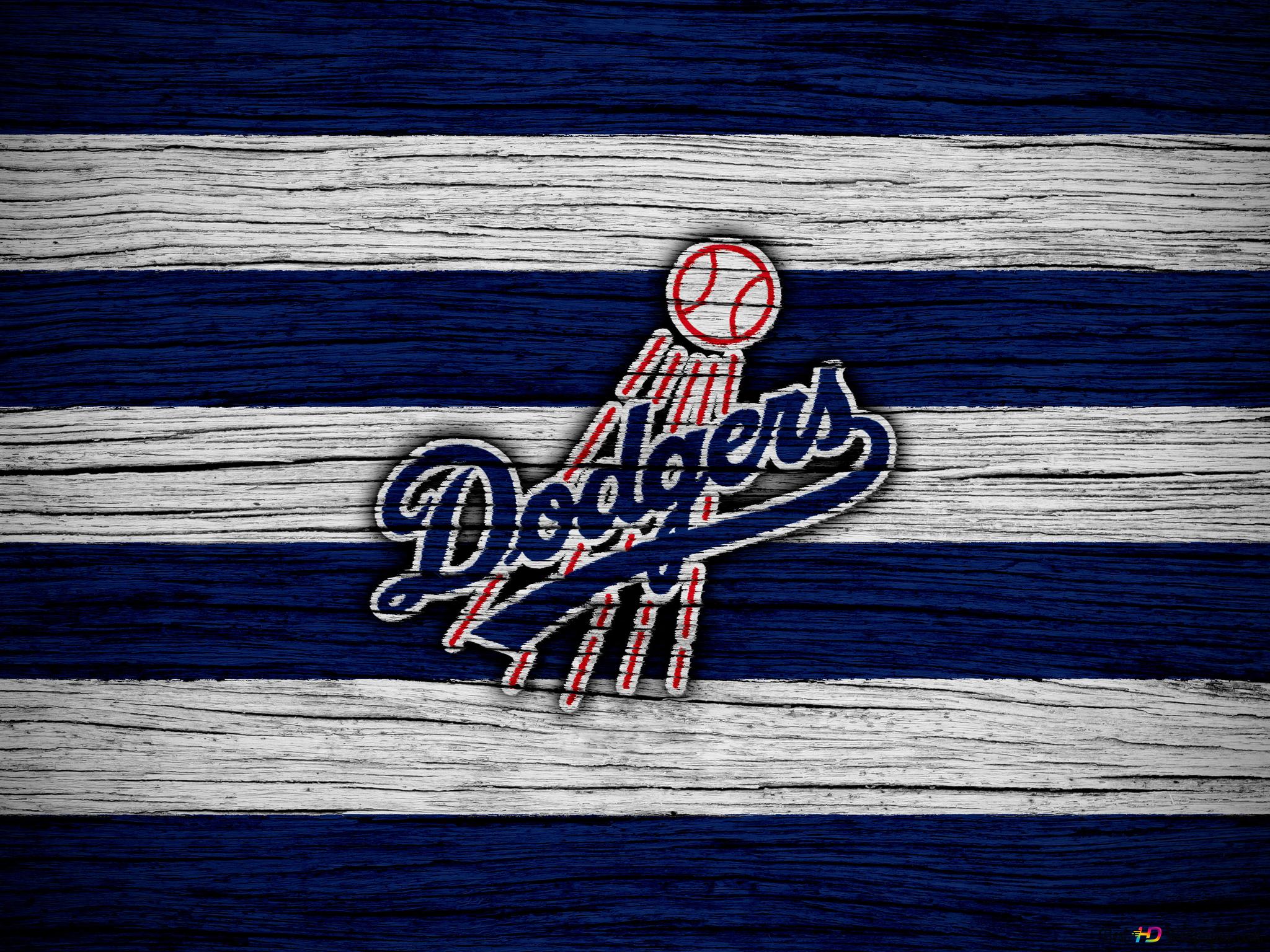 Dodgers team logo over the grunge wooden background that painted with their logo colors 4K wallpaper download
