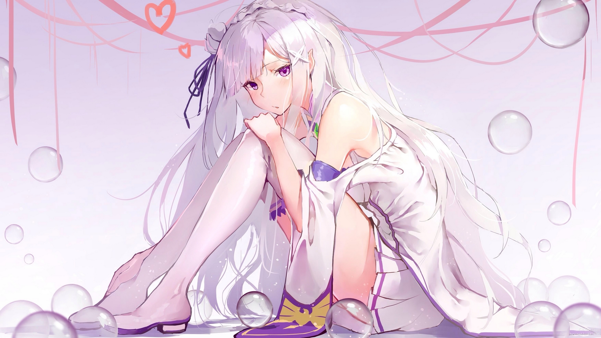 Wallpaper / pretty, white hair, beautiful, ribbons, woman, sweet, anime, beauty, anime girl, long hair, female, lovely, soft, hearts, girl, purple, lady, white free download