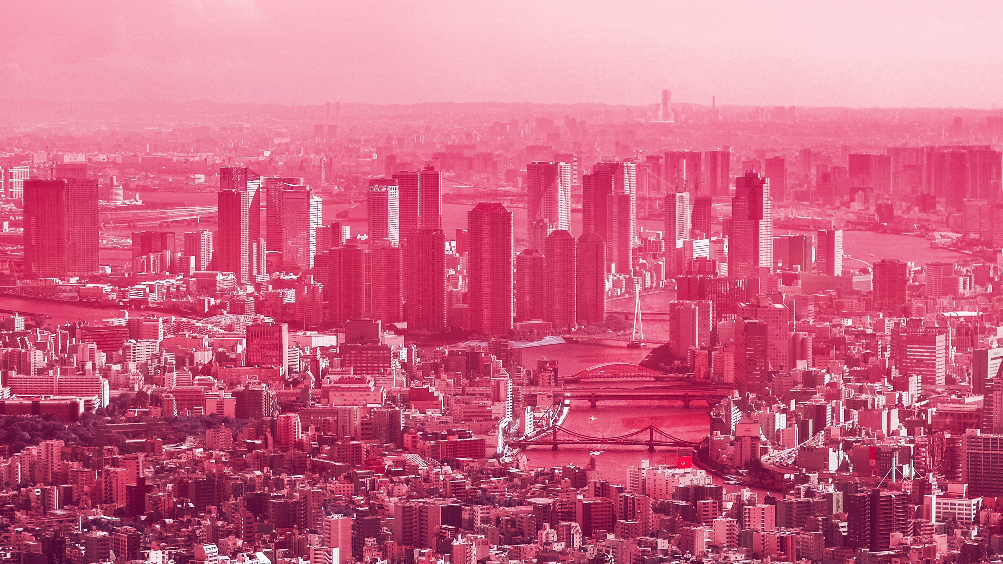 City View Red Town Crowd River Wallpaper