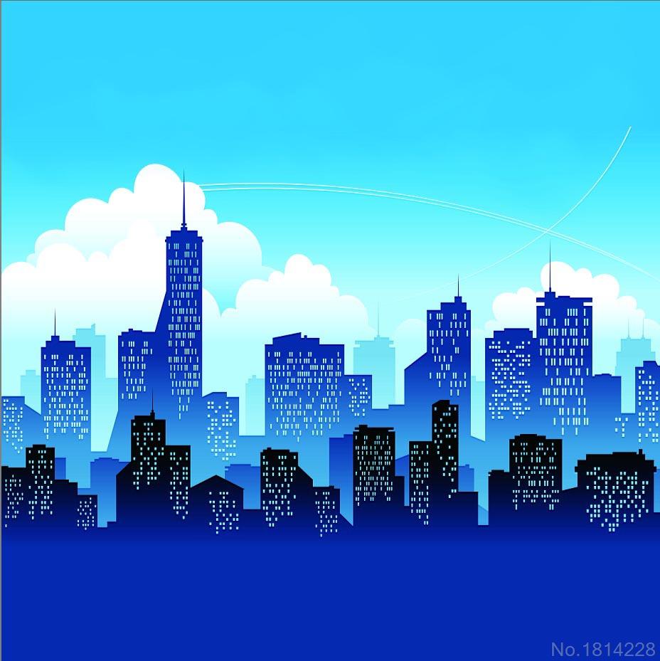 3x5ft Cityscape Skyscraper Cartoon Downtown City Buildings Clouds Blue Sky Photography Studio Backdrops Background Vinyl 1x1.5m