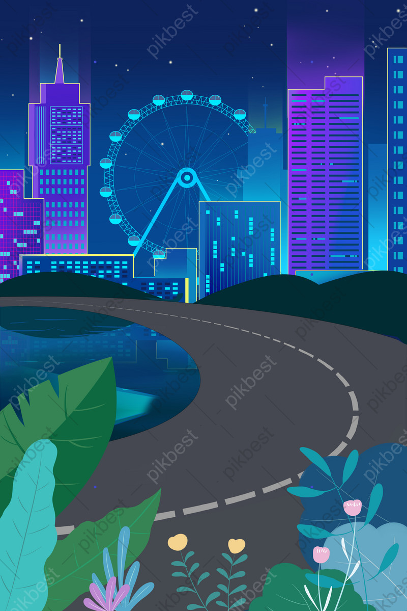 Night Flat Cartoon City Building Road Advertising Background Background. PSD Free Download