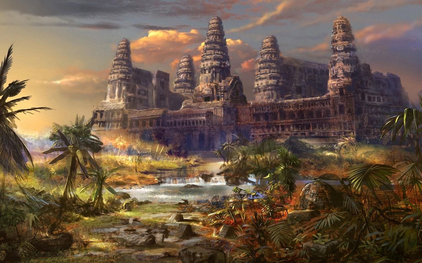 Download wallpaper 1440x900 temple, destruction, palms, different world widescreen 16:10 HD background