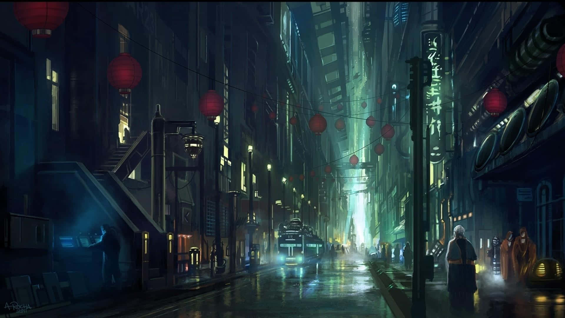 Download Busy Cyberpunk Street Night Anime Wallpaper