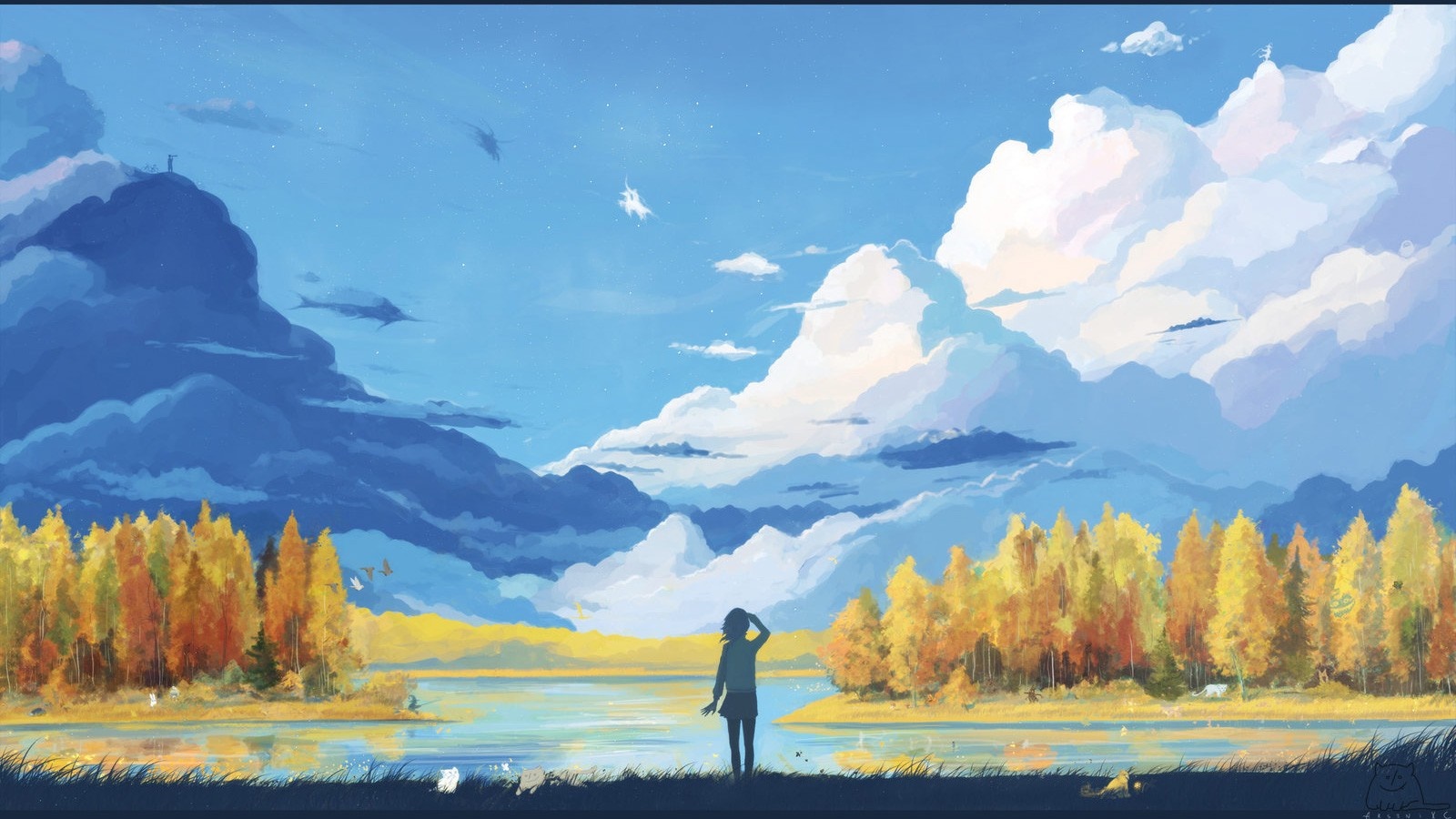 landscape, painting, anime, lake, reflection, sky, wilderness, tundra, cloud, mountain, meadow, plain, computer wallpaper, mountainous landforms, ecosystem, mountain range Gallery HD Wallpaper