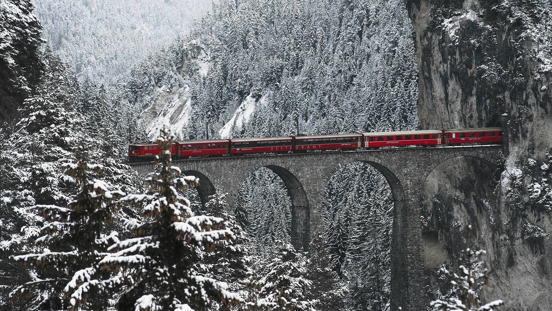 snow, winter, train, frost, bridge, transport, Engadin Valley, Swiss Alps, Freezing, weather, season, track, geological phenomenon Gallery HD Wallpaper