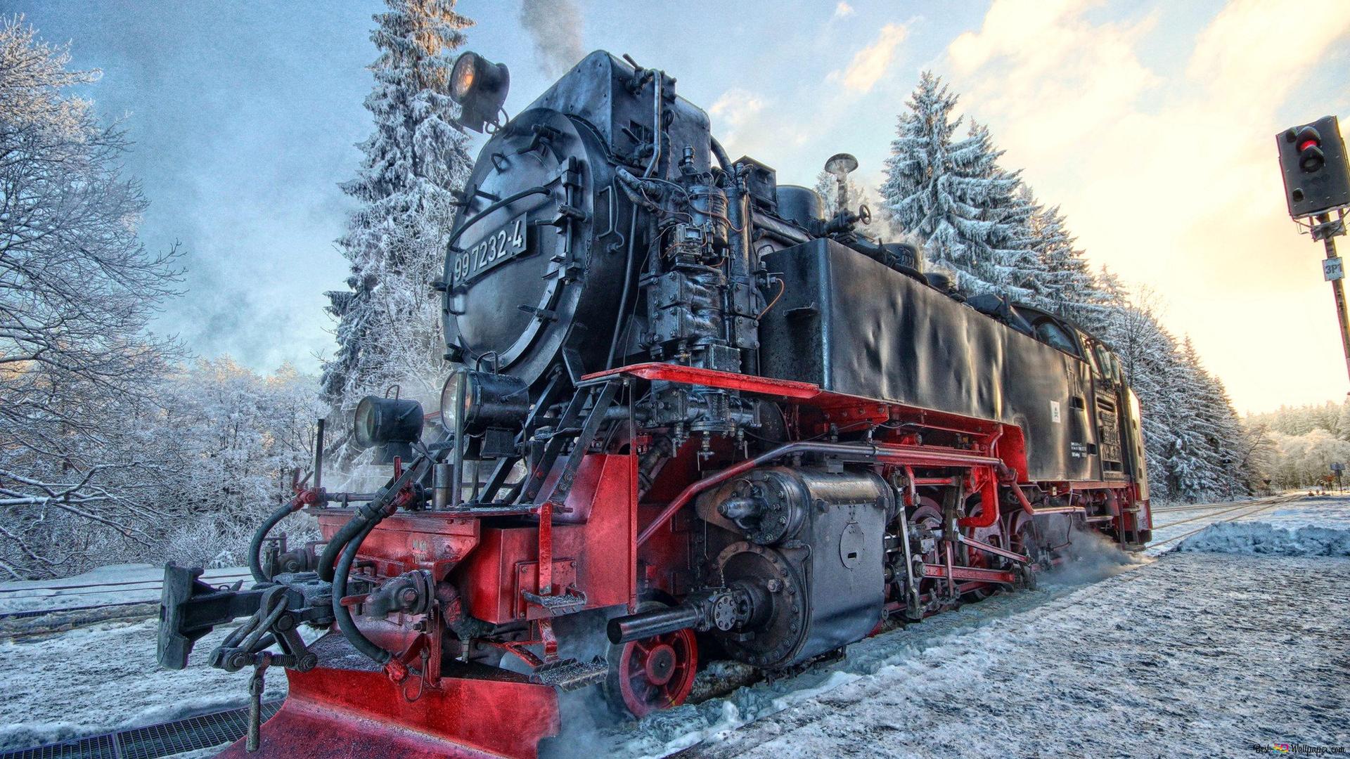 Steam engine train in winter HD wallpaper download