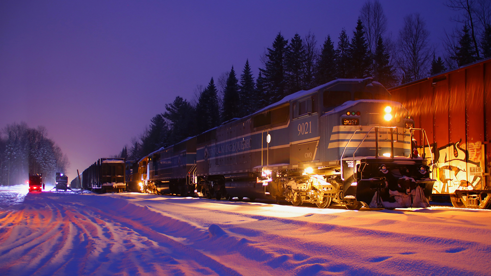 Photos Locomotive Winter Snow Trains Night 1920x1080