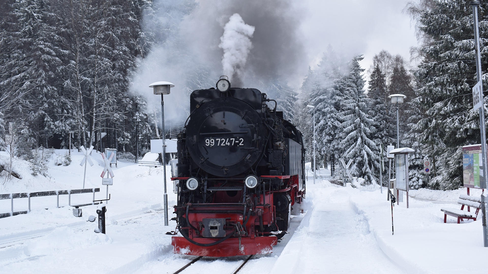 Image Winter Snow Trains Smoke Railroads 1920x1080