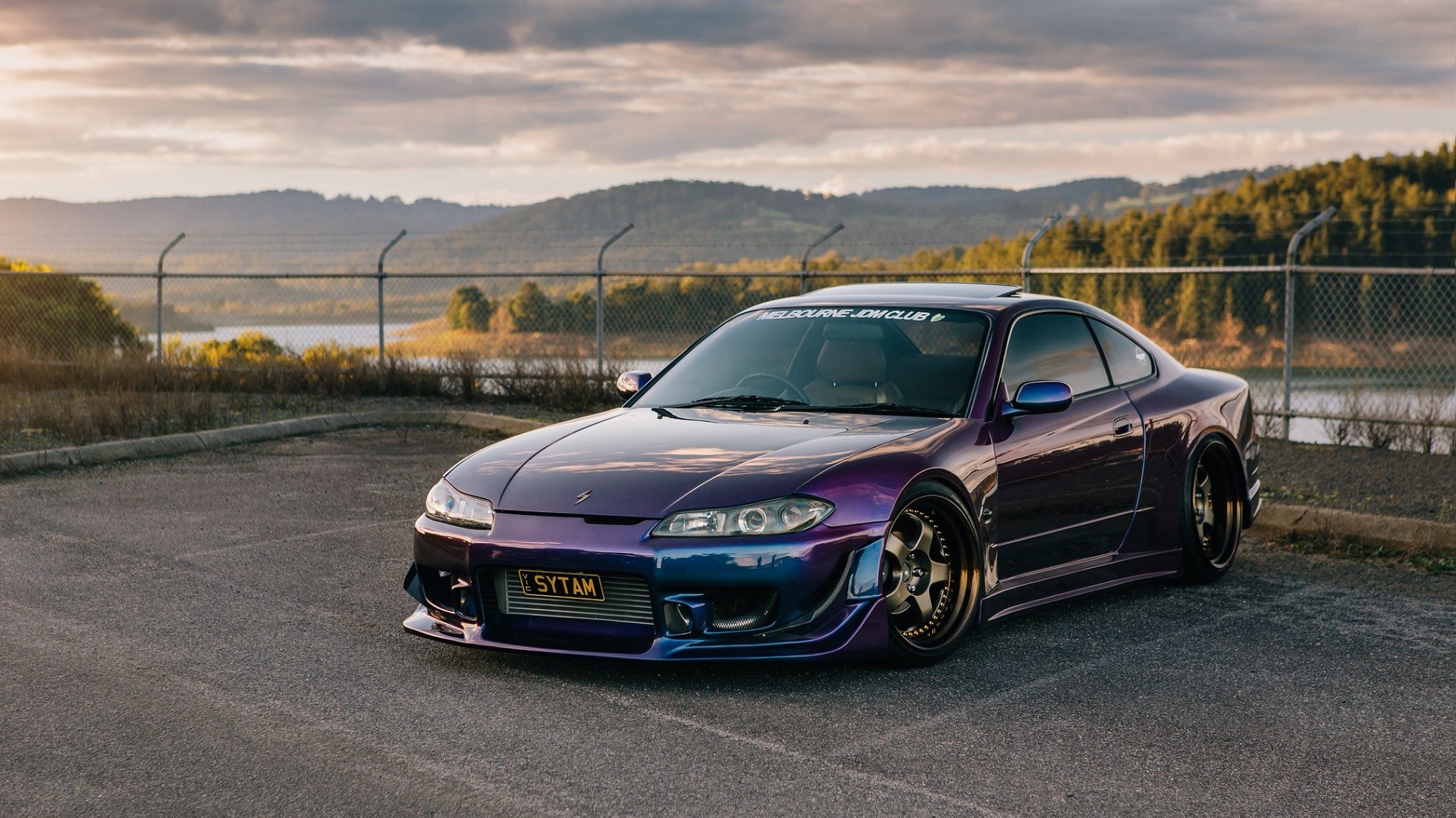 Nissan 200SX, Nissan, vehicle, Japanese cars, barbed wire fence, car park, outdoors, JDM, nissan silvia, car, trees, hills, Nissan Silvia S15, sports car, clouds, purple cars Gallery HD Wallpaper