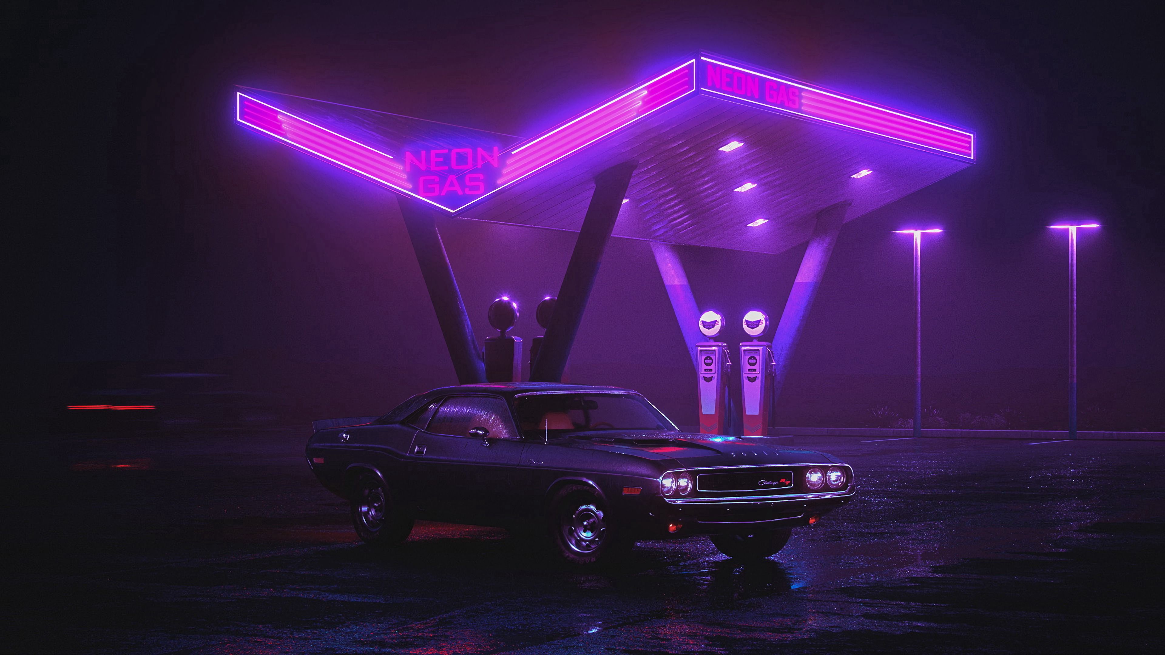 Wallpaper / car, old, neon, refueling, night, 4k free download