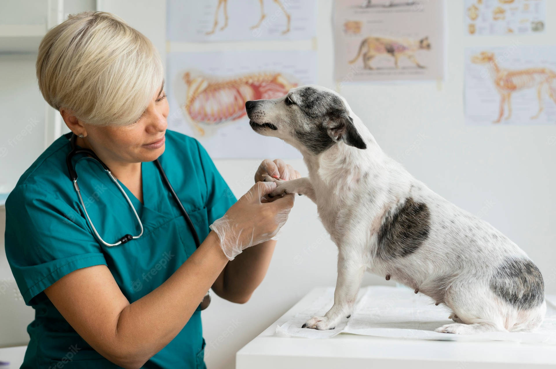 Download Veterinarian Checking Up On A Female Dog Wallpaper