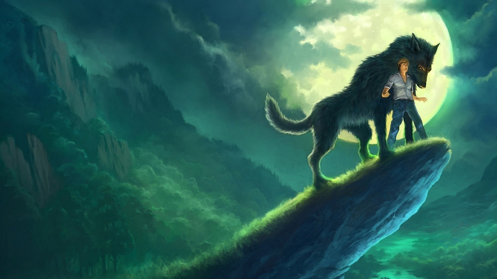 Wallpaper / anime, wolf, anime boys, fantasy art, Moon, creature free download