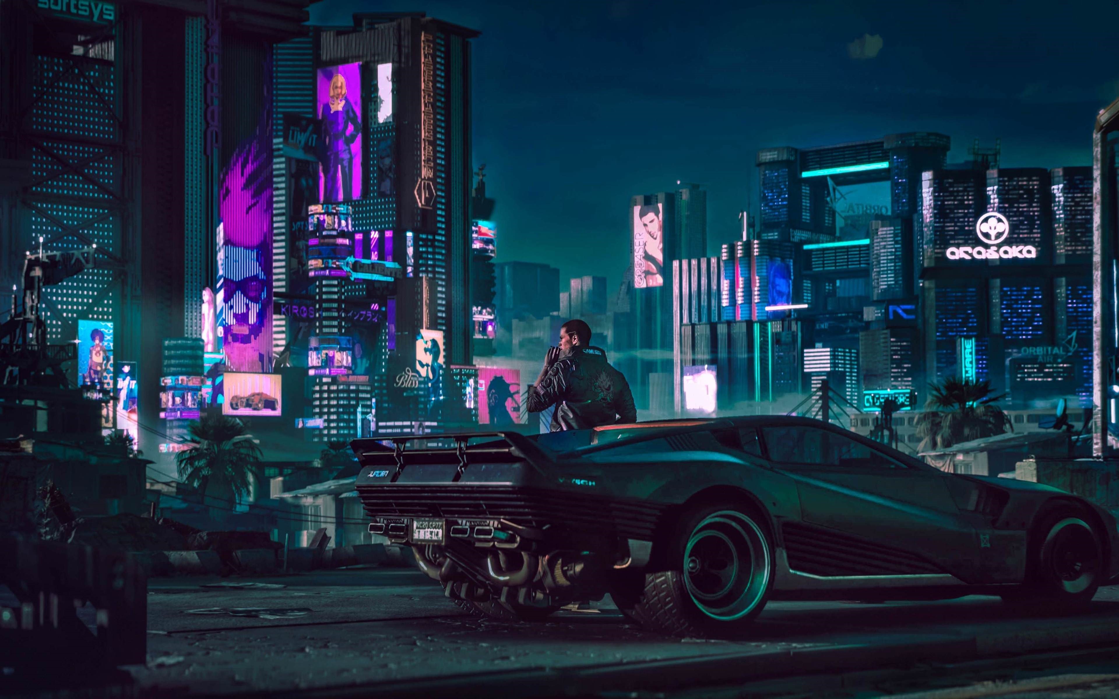 4K, illustration, night, digital art, fantasy art, CD Projekt RED, artwork, Cyberpunk 2077, fan art, futuristic city, car Gallery HD Wallpaper