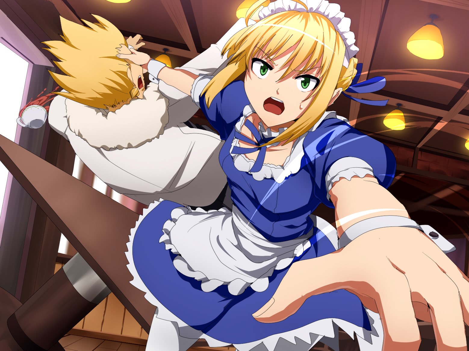 Wallpaper Fate Series, Fate Stay Night, Carnival Phantasm, Saber, Gilgamesh, Arturia Pendragon, Small Boobs, Anime Girls, Anime Boys, Green Eyes, Blond Hair, Maid Outfit, 2D, Fan Art, White Pantyhose Free