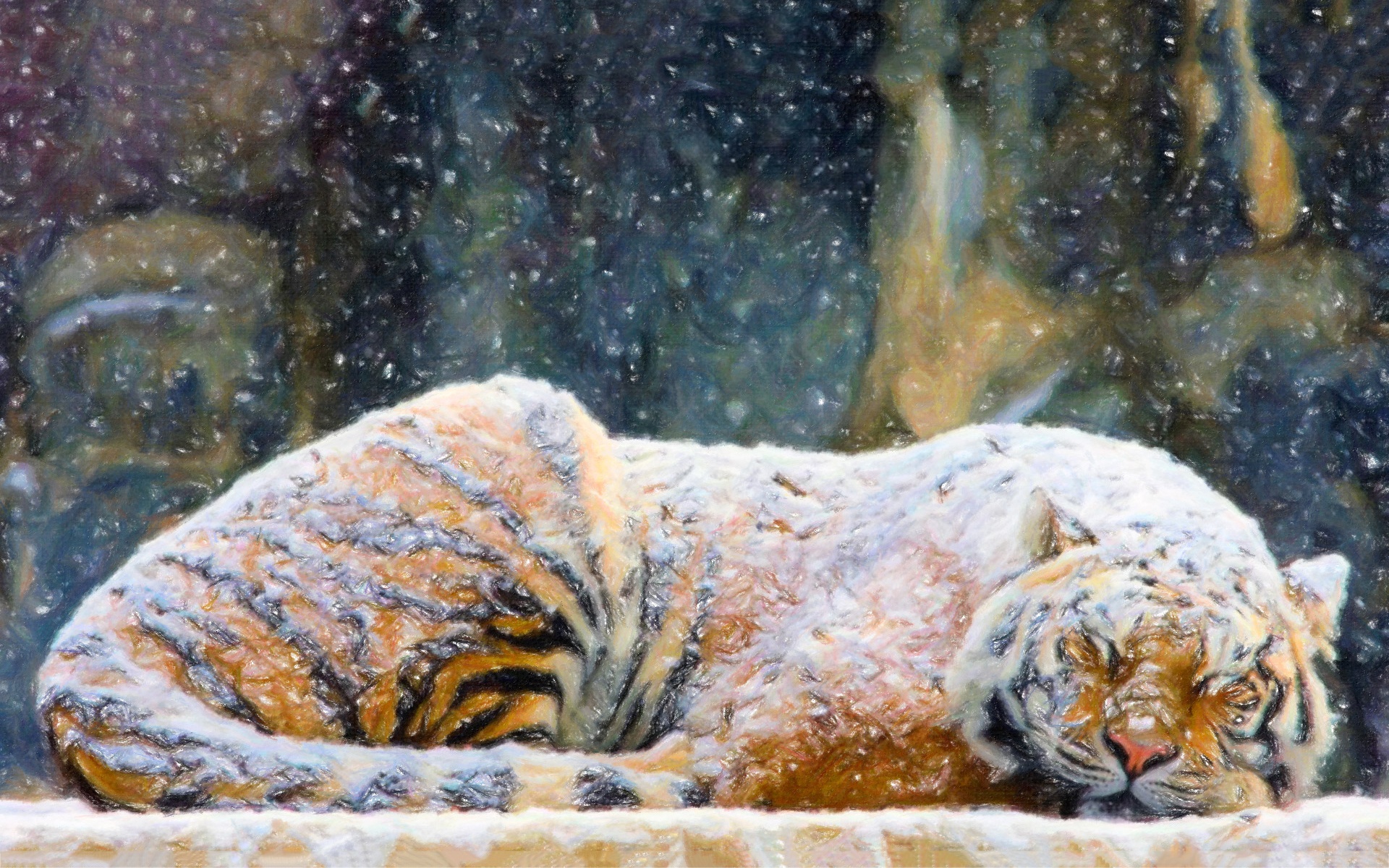 art, Paintings, Tiger, Winter, Snow, Flakes Wallpaper HD / Desktop and Mobile Background