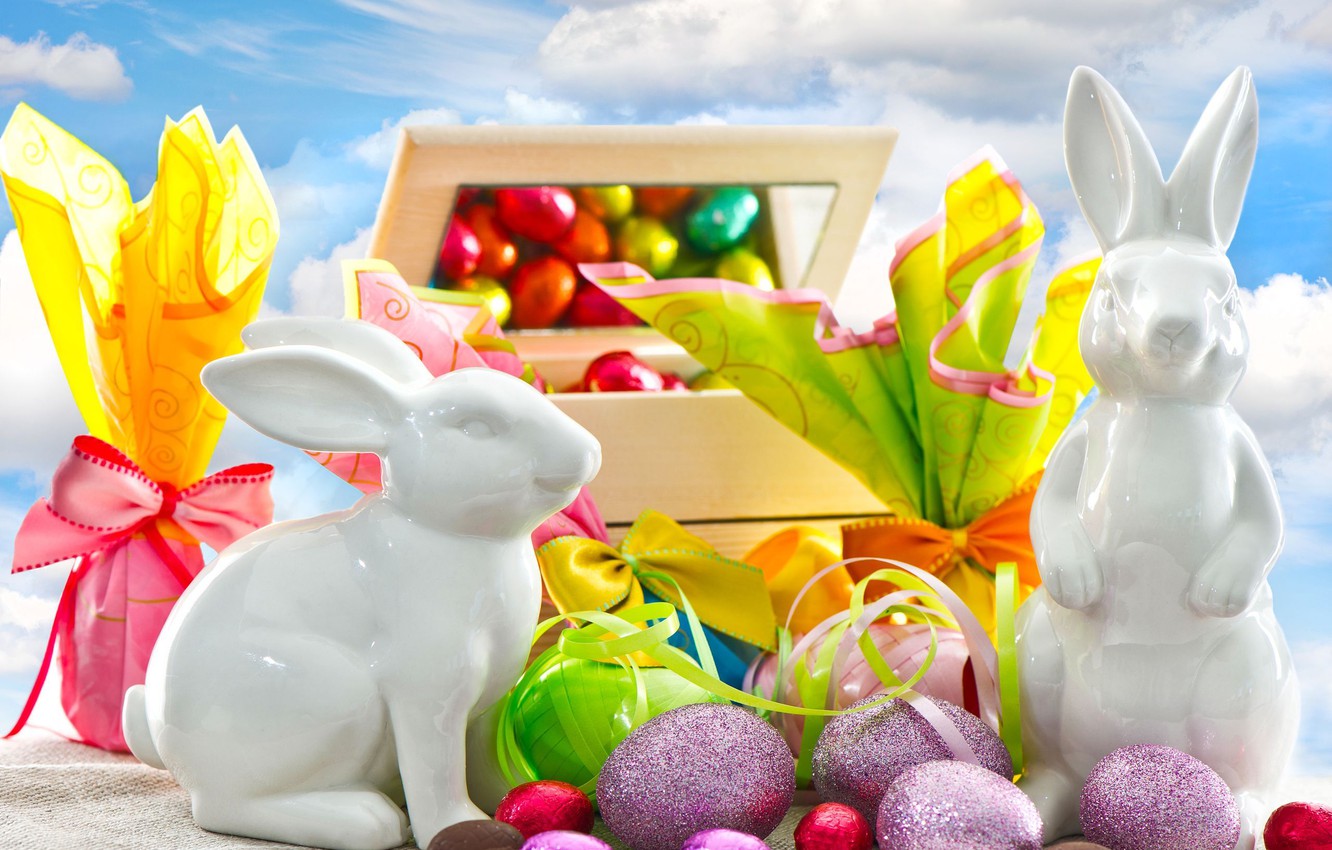 Wallpaper chocolate, eggs, Easter, gifts, rabbits, braid, figurines image for desktop, section праздники