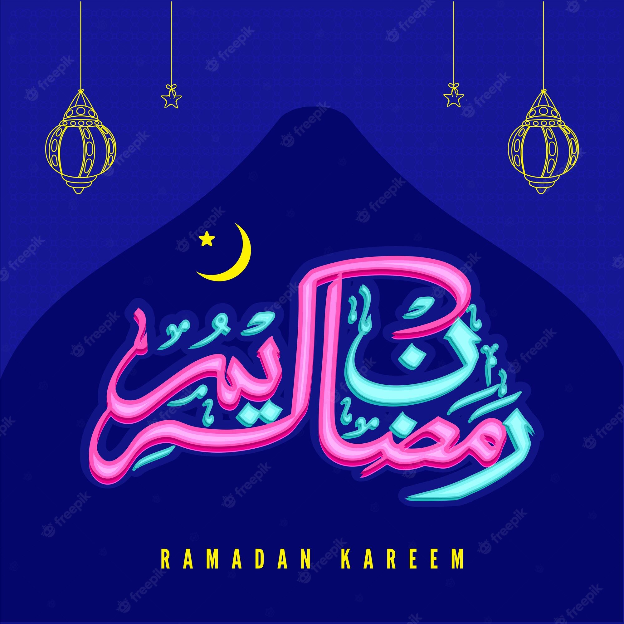 Premium Vector. Ramadan kareem calligraphy in arabic language with crescent moon stars and lanterns hang on blue background