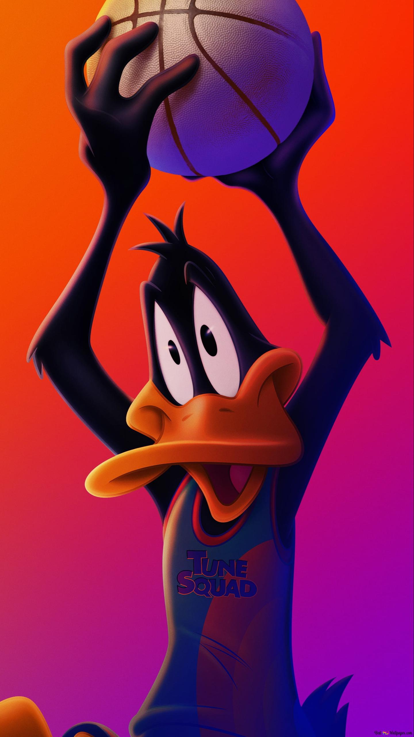 Daffy Duck cartoon character holding basketball ball looking cheerful in front of red purple background HD wallpaper download