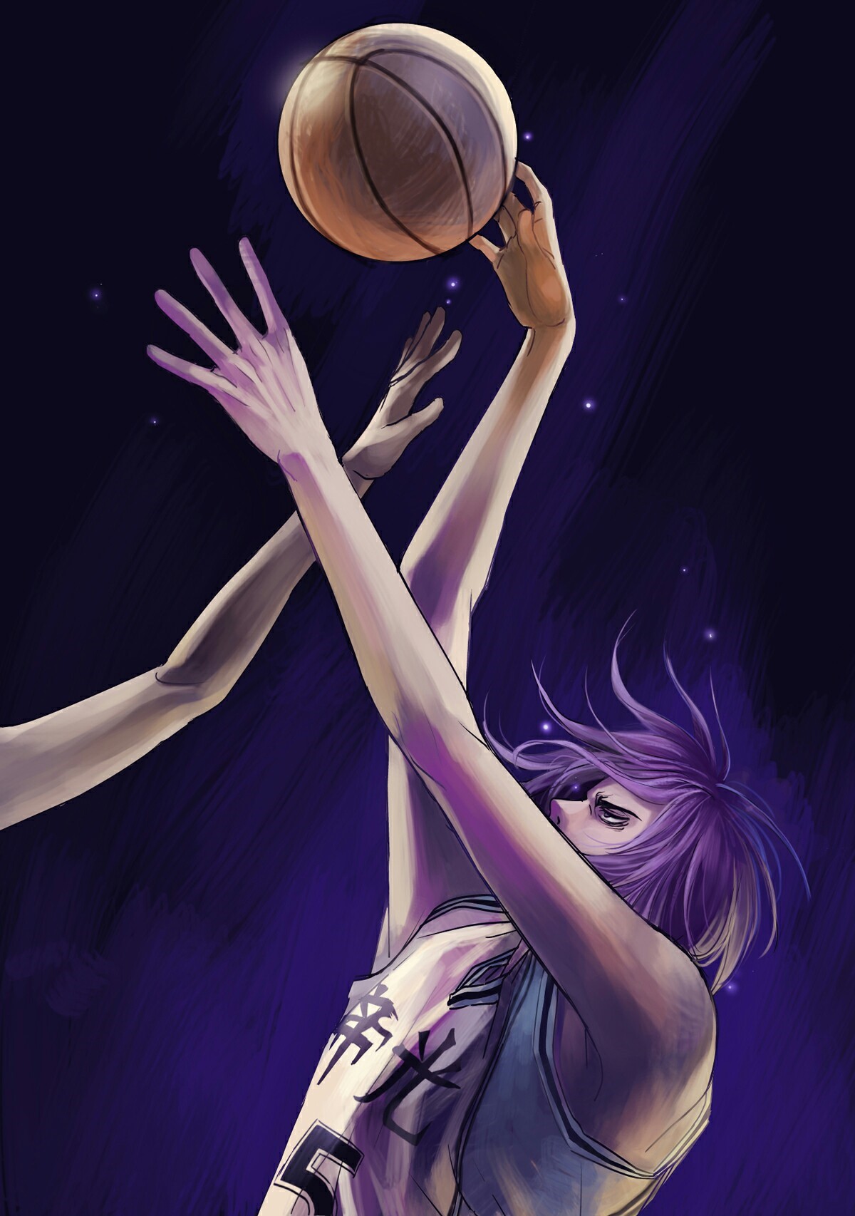 basketball, purple hair, balls, arms up, drawing Gallery HD Wallpaper
