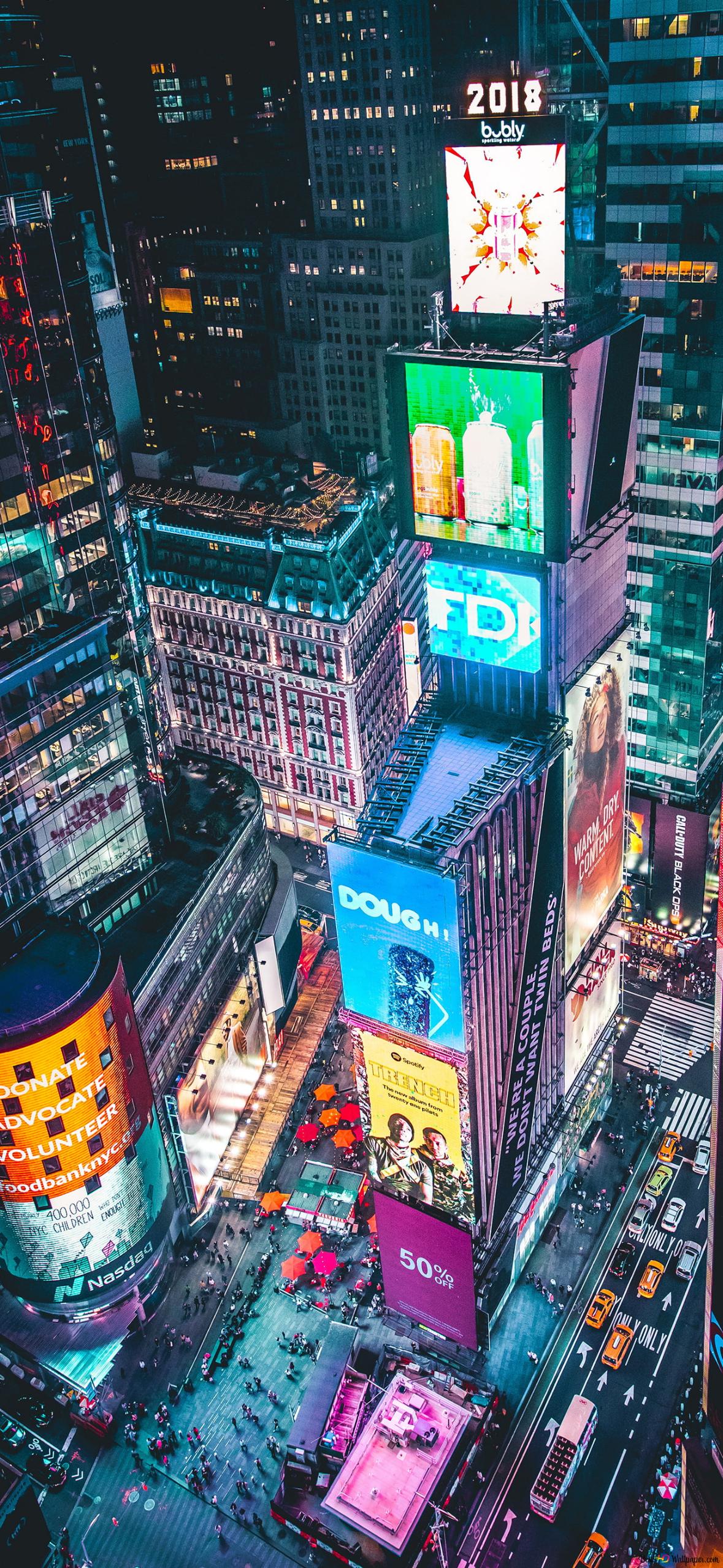 Times square, new york city, neon, colorful, night, aerial 2K wallpaper download