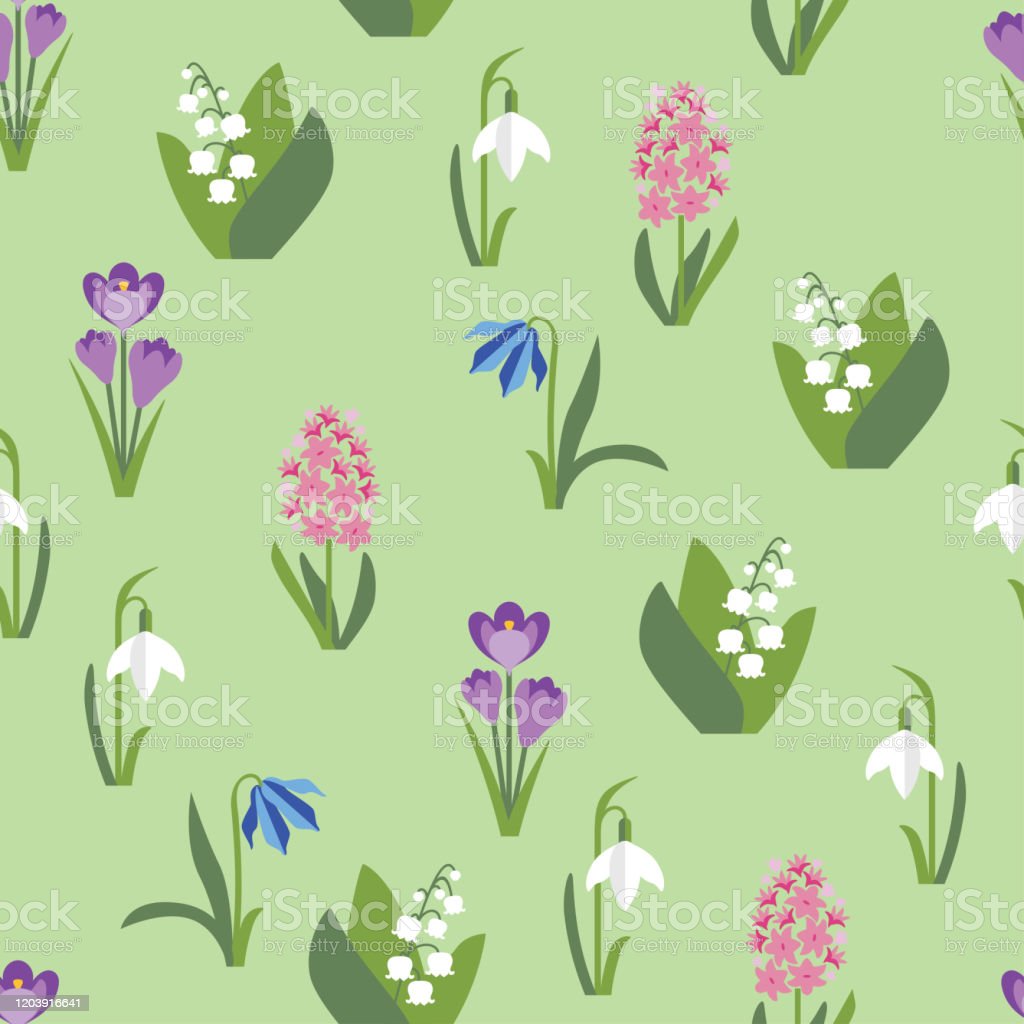 Cute Spring Flowers On Green Background Seamless Pattern Wildflowers In Simple Flat Style Vector Illustration Of Crocus Hyacinth Lily Of The Valley Muscari Scilla And Snowdrop Isolated On White Stock Illustration