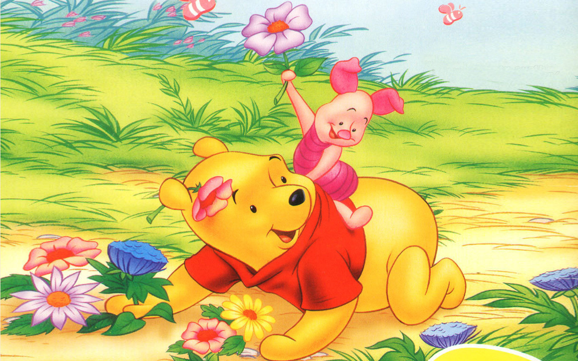Piglet And Winnie The Pooh Spring Flowers Cartoon Disney Image HD Wallpaper 1920x1200, Wallpaper13.com