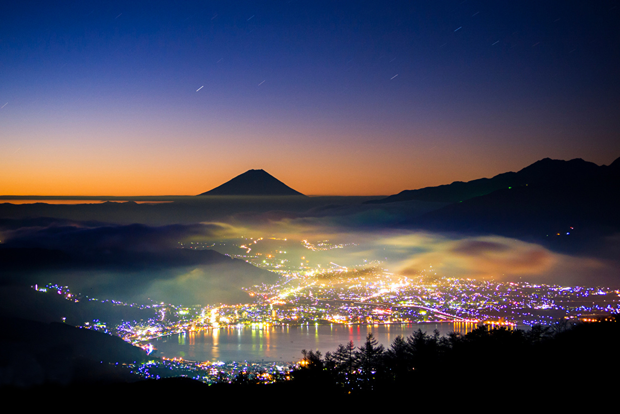Wallpaper Mount Fuji Japan Volcano Honshu Nature Night Cities