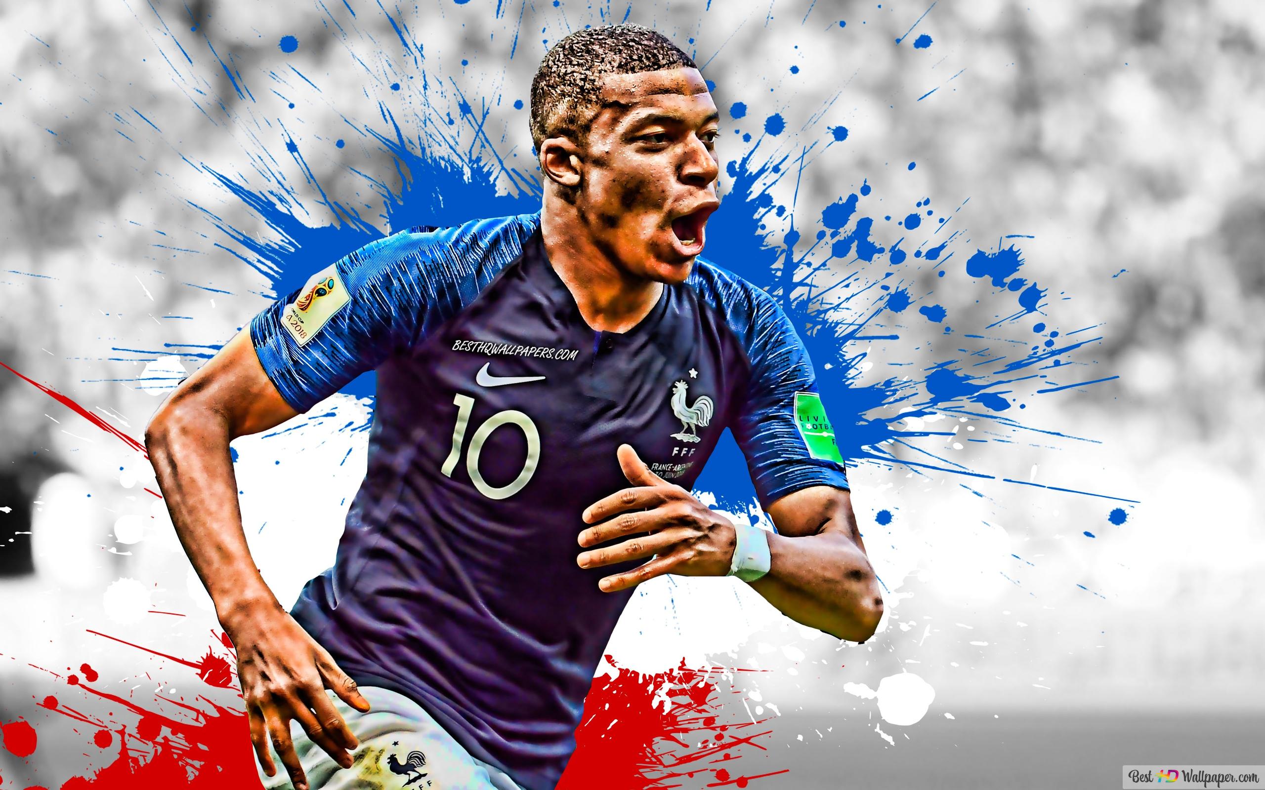 Kylian mbappé, young player of France national team, celebrates goal celebration with red blue colors 4K wallpaper download