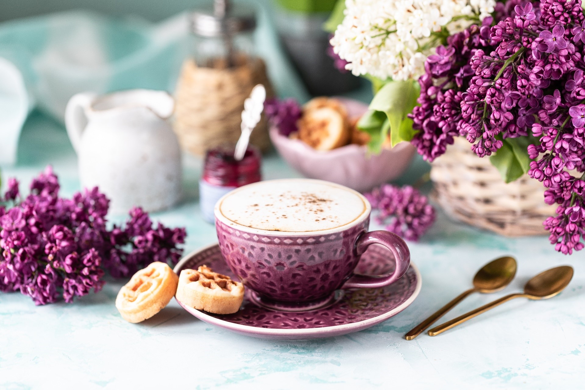 colorful, flowers, sweets, food, coffee, spoon, depth of field, cup Gallery HD Wallpaper